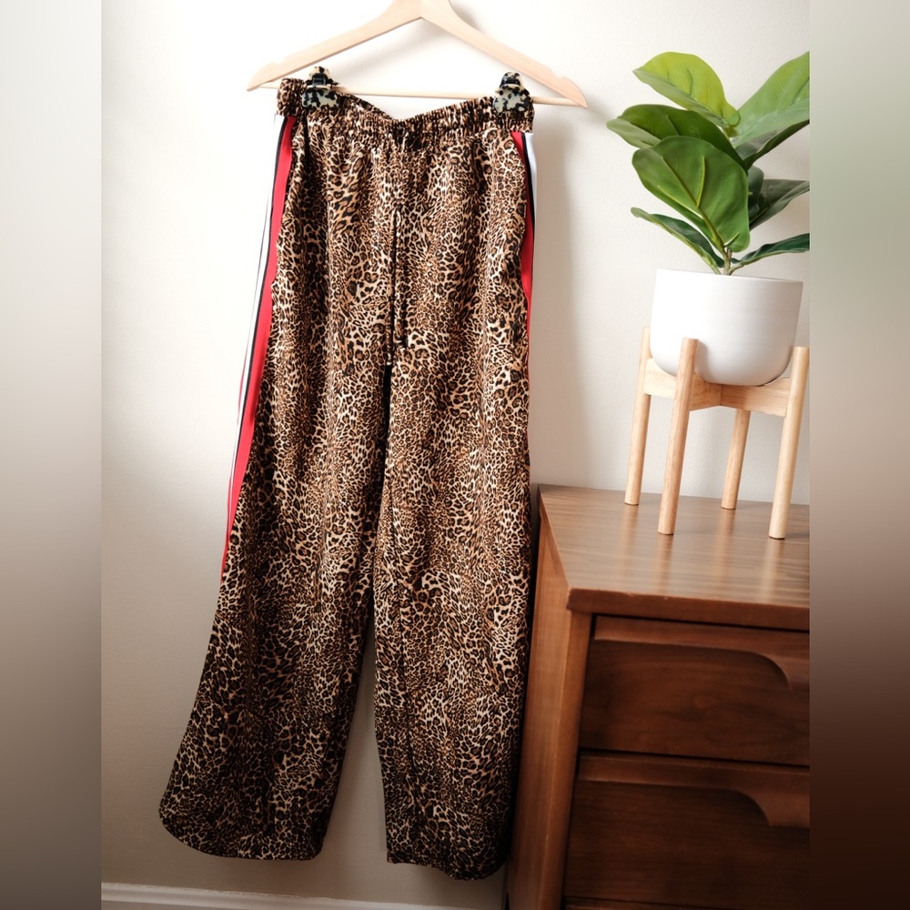 Leopard Print Track Pants with Red Stripe